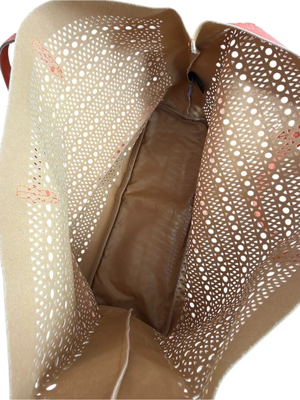 Saks Fifth Avenue Orange Geometric Perforated Lightweight Tote Bag Purse.